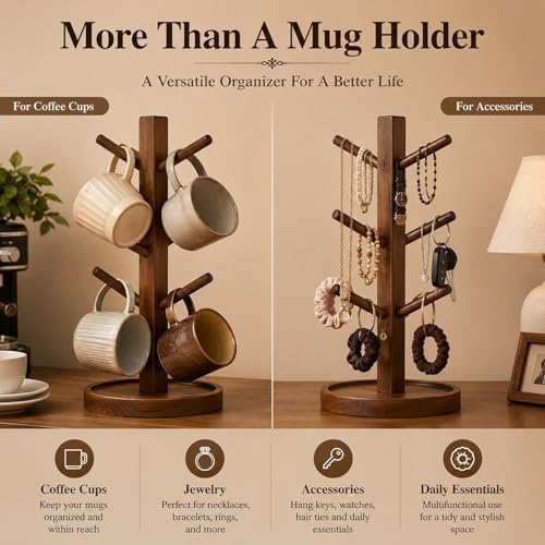 Sturdy Bamboo Mug Tree with Drip Tray, 4 Arm Rotating Cup Holder for