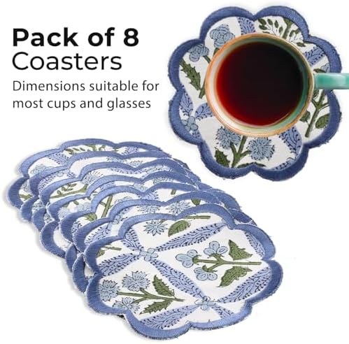 Ridhi 8-Pcs 100% Cotton Hand Block Print Drink Coasters 5 Inch Steel