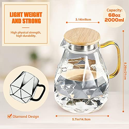 DUJUST 2 Litre Water Jug, Modern Diamond Design Glass Jug with Lid and