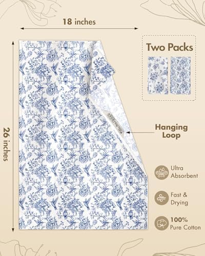 Miss Adola Flour Sack Kitchen Towels Set of 2, 18x26 Inch, Blue Floral