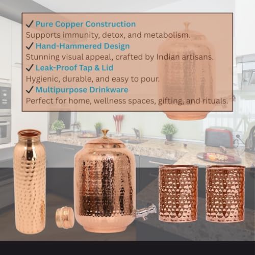 Hammered Pure Copper Water Dispenser Set – 5L Tank with 2 Glasses & 1
