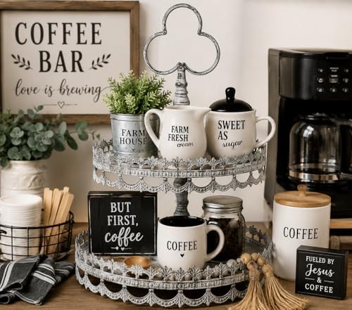 Set Sugar Bowl and Cream Server Holder Ceramic Black & White Farmhouse