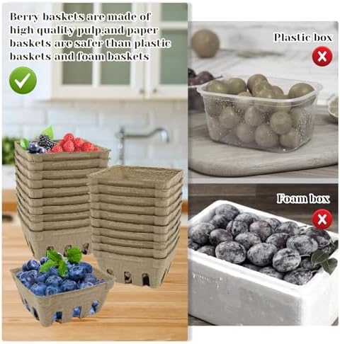 Rainmae 30 Pack Natural Pulp Fiber Berry Basket, Molded Berry Basket