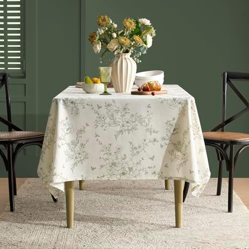 Green Floral Tablecloth Vintage French Rustic Linen Tablecloth