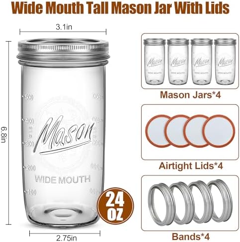 24 oz Wide Mouth Mason Jars with Airtight Lids, 4 Pack
