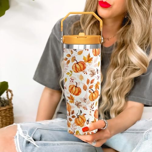 30oz Fall Pumpkin Flip Tumbler with Handle lid and Straw,Fall Coffee