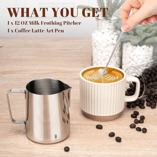 Amrules Milk Frothing Pitcher 12oz Frother Cup Barista Tools, Silver