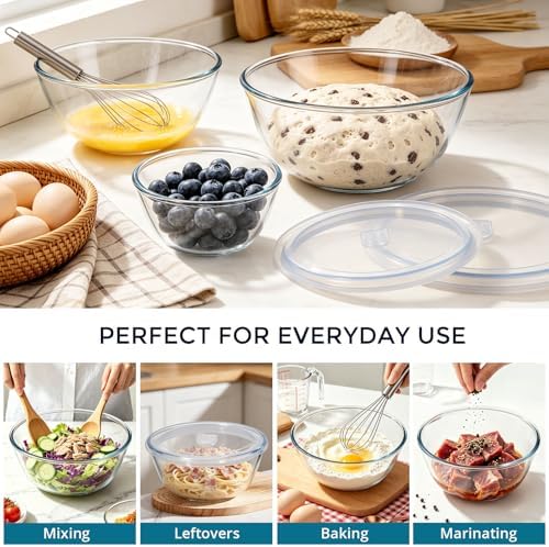 E-far Glass Mixing Bowls with Airtight Lids Set for Prep Salad Serving