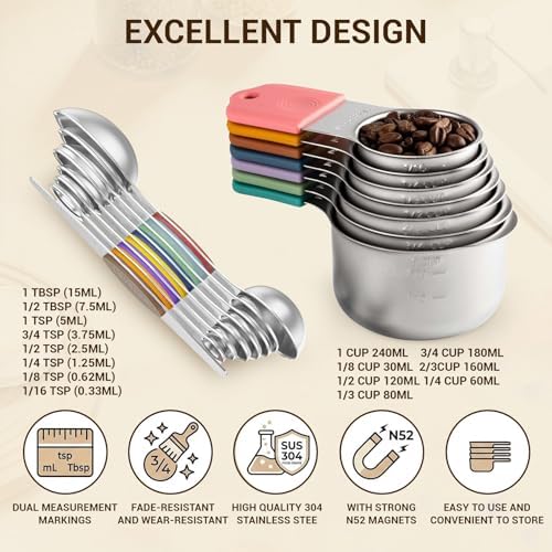 16PCS 304 Magnetic Measuring Cups and Spoons Set with Leveler