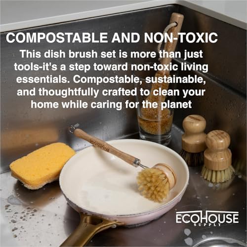 ECOHOUSE SUPPLYTM Bamboo Dish Brush Set – 6-Piece Natural Fiber