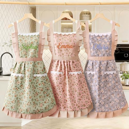 Personalized Embroidered Floral Apron for Women with Name, Vintage
