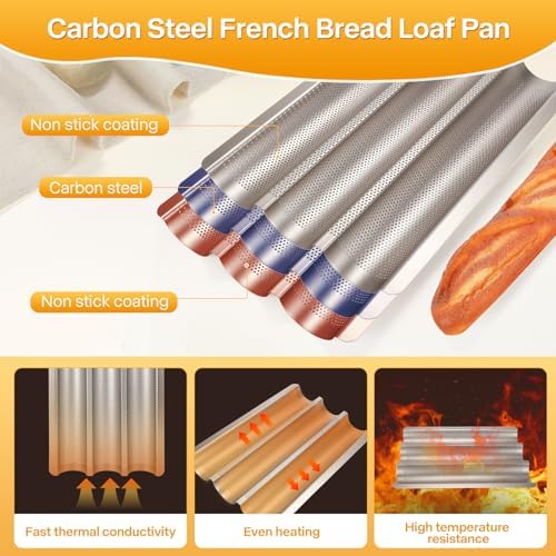 Baguette Bread Pan, Nonstick French Bread Baking Pan 3 Loaf, Golden