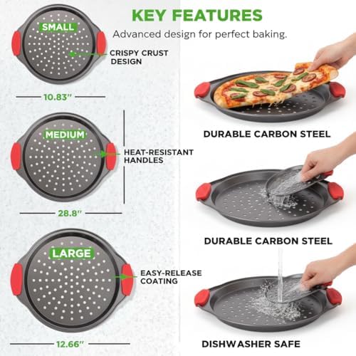 NutriChef 3-Piece Pizza Tray Set with Silicone Handles - Round
