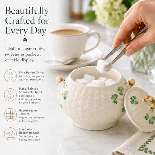 Belleek Classic Shamrock Sugar Bowl | 4in Parian China | Made in