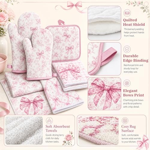 Pink Bows Kitchen Decor Set, 10 Pcs Coquettte Bow Home Accessories
