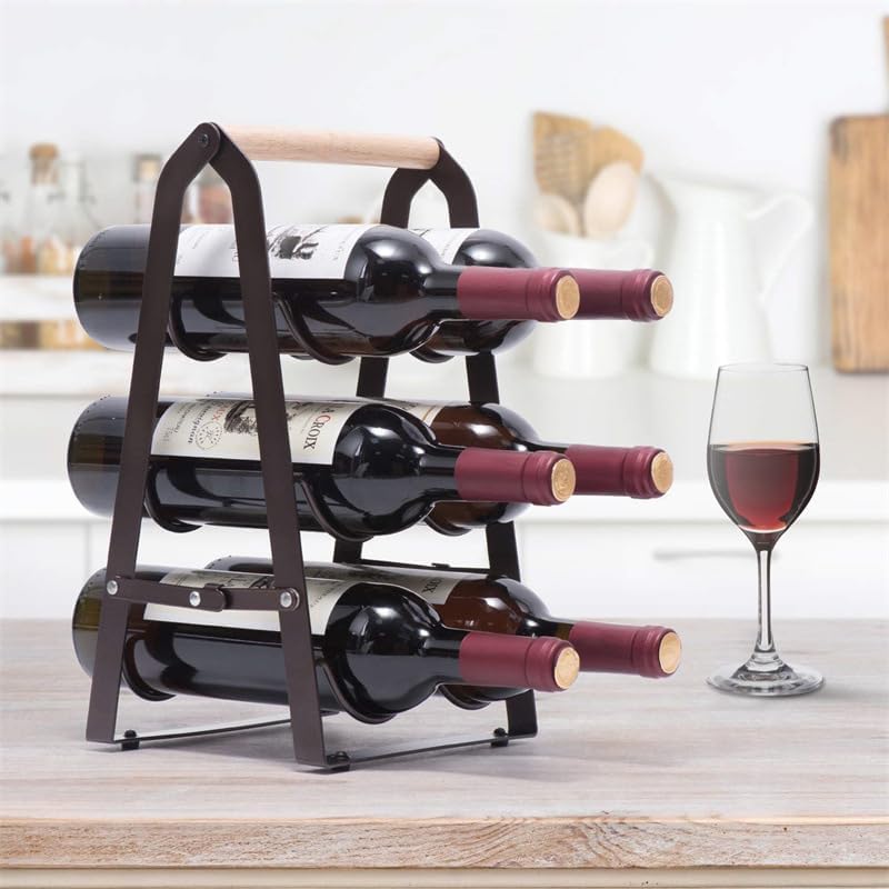 Wine Rack, 6 Bottle Wooden Countertop Free Standing Shelf,3 Tier