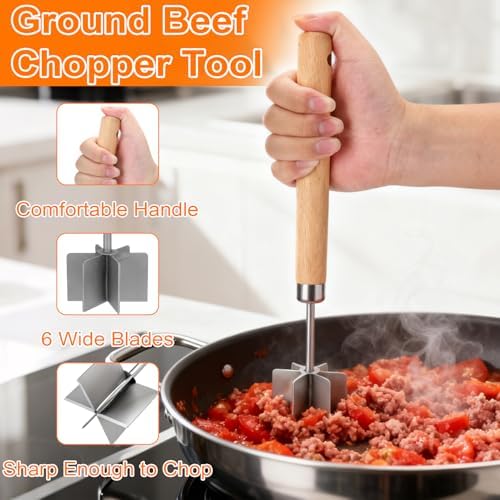 Palksky Meat Chopper Stainless Steel, 6 Curve Blades Meat Masher