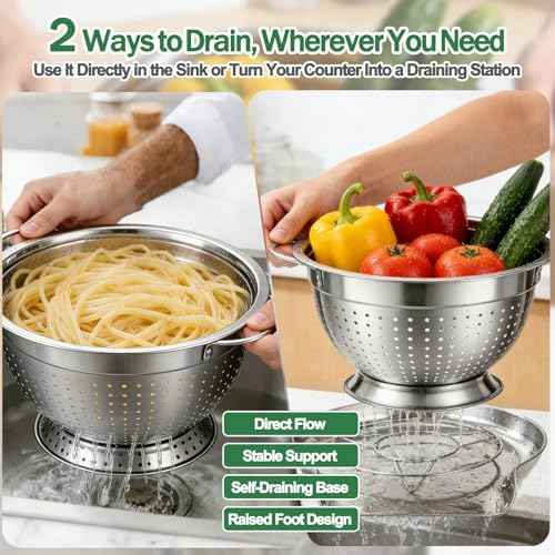 Strainers and Colanders for Kitchen, 3-Piece Stainless Steel Set