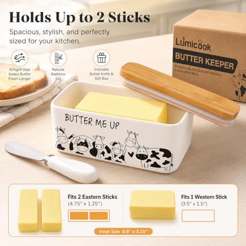 Porcelain Butter Dish with Lid, Natural Bamboo Lid, Seal, Cow Butter