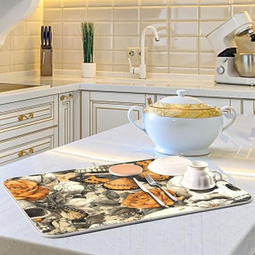 OTVEE Crows and Skull Art Dish Drying Mat for Kitchen Counter