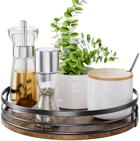 LAMU 9'' Lazy Susan Turntable Organizer for Cabinet, Round Wood Lazy Susan for Table Top, Kitchen, Countertop, Pantry, Spice, Bathroom Vanity, Coffee, Farmhouse Decor