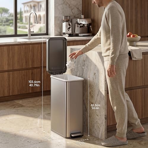 EKO Hudson Slim 50L Kitchen Trash Can, Stainless Steel