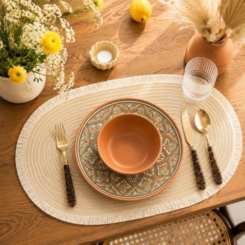 FAVE Boho Oval Woven Placemats Set of 6, Washable Table Mats with