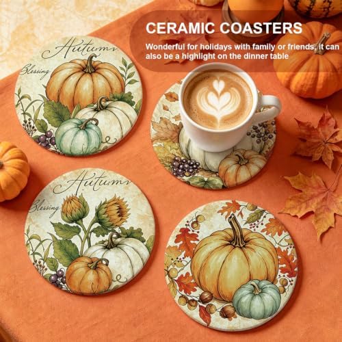 Whaline 4Pcs Fall Thanksgiving Coasters Vintage Autumn Pumpkin Ceramic