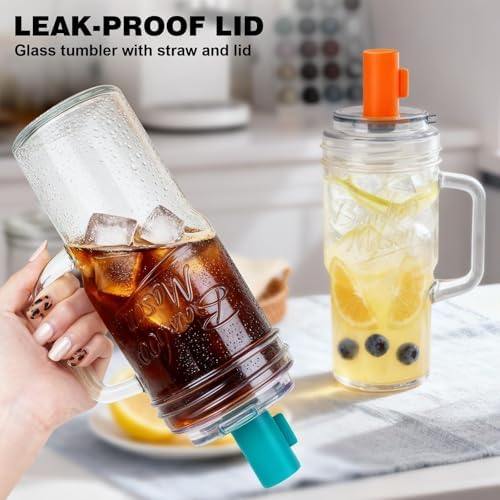 ANOTION Glass Cups With Lids And Straws, Leakproof Tumbler 24oz Mason