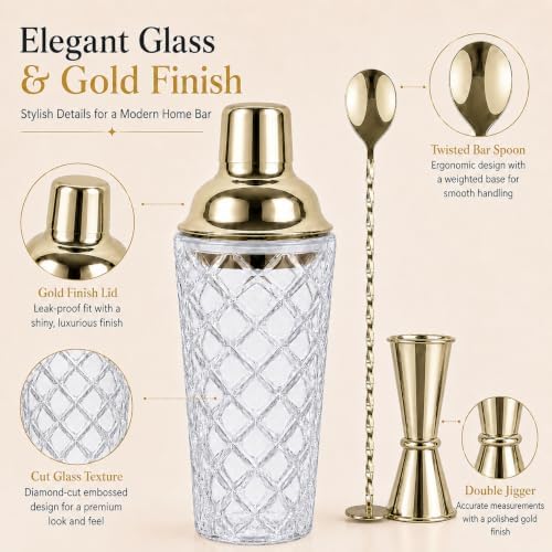 16 Oz Glass Cocktail Shaker Set with Built-in Strainer Crystal
