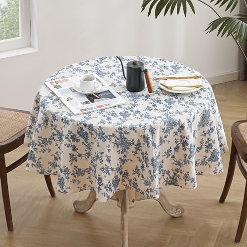 Cotton Linen Round Tablecloth, Blue Floral Table Cloth Round 47"