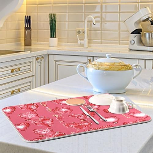 OTVEE Cute Pixel Hearts Galore Dish Drying Mat for Kitchen Counter