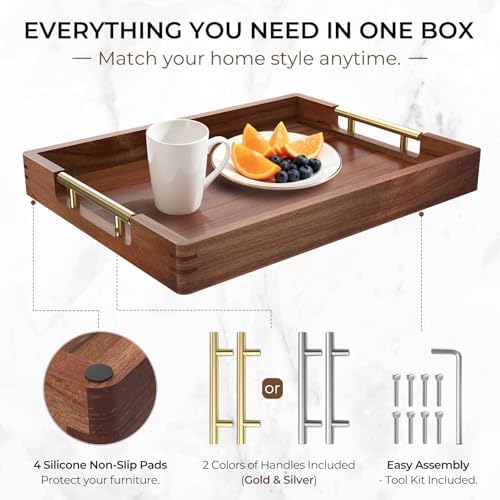 17-Inch Acacia Wood Serving Tray, 2 Handle Sets, Gold and Silver
