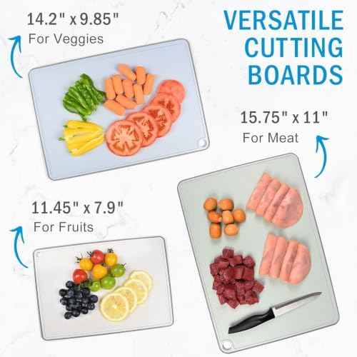 Wheat Fiber Cutting Boards for Kitchen, Plastic Cutting Board Set of 3, Extra Large Usable Area with Non Slip Narrow Edges, Dishwasher Safe, BPA Free, Reversible for Meat, 15.8" x 11", Multicolor