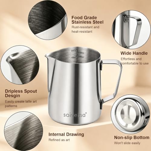 Saiveina Milk Frothing Pitcher, 20oz Milk Frother Cup Stainless Steel