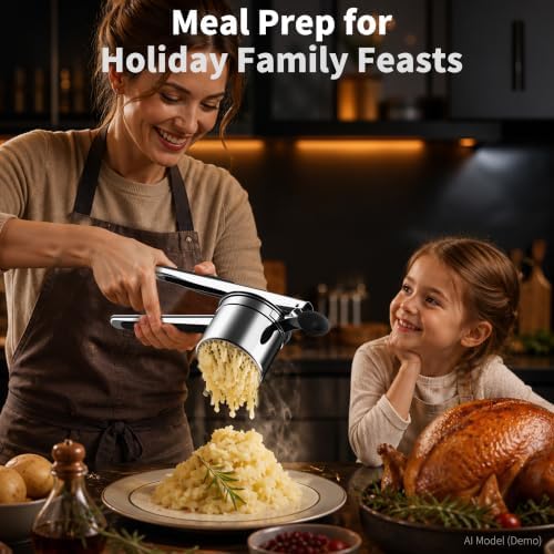 GloTika 15oz Stainless Steel Potato Masher Ricer, Black Silicone Hand