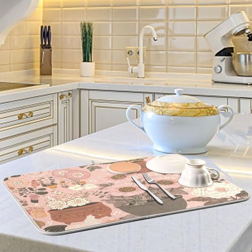 OTVEE Cute Hen Flower Art Dish Drying Mat for Kitchen Counter