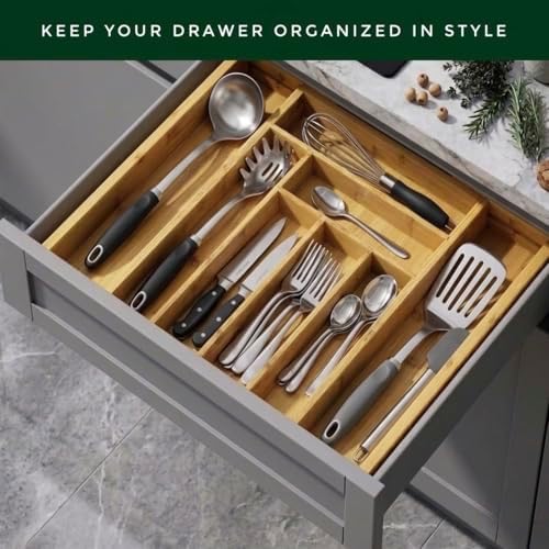 Bamboo Drawer Organizer, Expandable 8-Slot Silverware & Utensil Tray