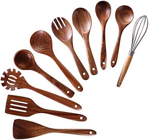 NAYAHOSE 10 Pcs Natural Teak Wood Utensil Set