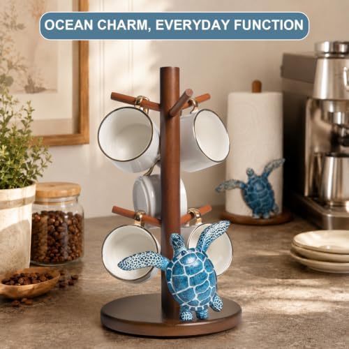 Sea Turtle Decor Wooden Mug Tree Cup Stand Beach Ocean Coastal Home