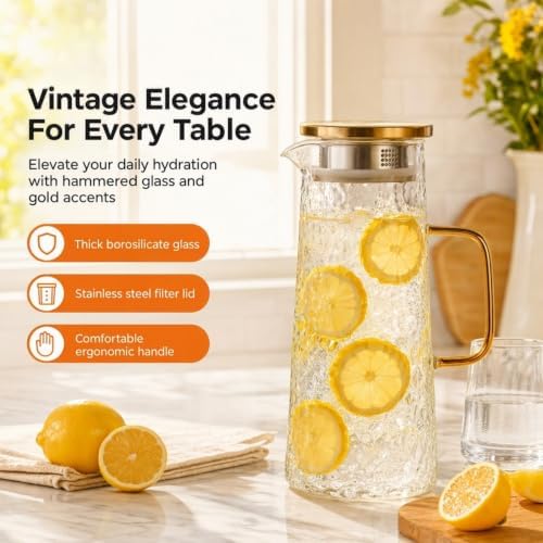 Glass Water Pitcher 2 Pack with Lid & Filter, 50 oz 1.5L Borosilicate
