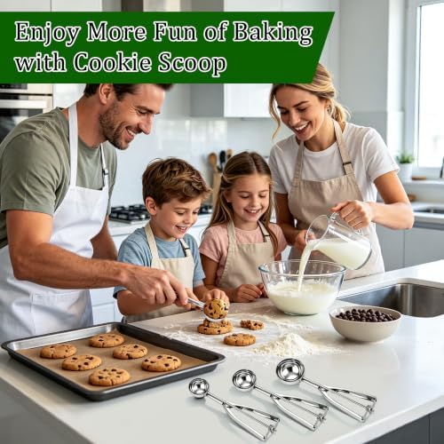 Ice Cream Scoop Set of 3, Stainless Steel Cookie Scooper for Baking