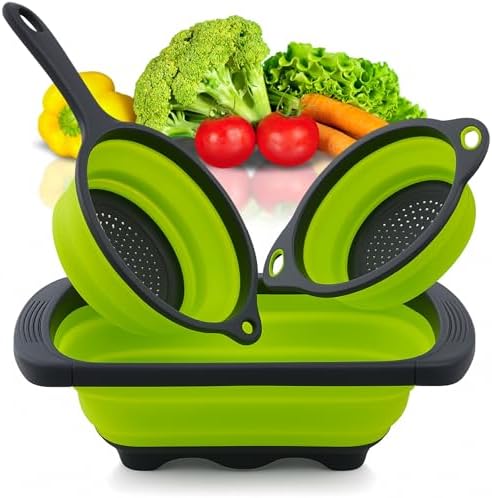 3PCS Green Foldable Kitchen Strainer Set – Silicone Colander
