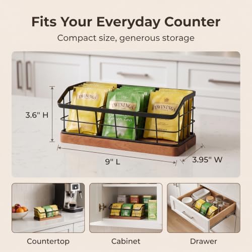 WILDMOS Tea Bag Organizer,Iron Wire Basket with Wooden Base.Tea