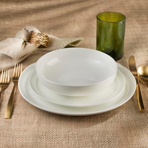 Lafayette St. Fine Bone China 12 Piece Dinnerware Set, Service For 4; Elegant Lightweight Ivory White Plates & Bowls with a Gloss Finish; Microwave & Dishwasher Safe