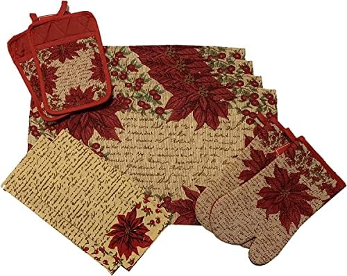 Set of 10, Red Poinsettia Flower Design Christmas Tapestry Kitchen