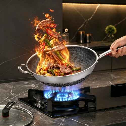 14-Inch Stainless Steel Wok Pan with Glass Lid - Tri-Ply Nonstick Wok & Stir-Fry Pan, PFOA Free Uncoated Cookware for All Cooktops, Induction Compatible, Flat Bottom