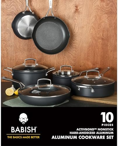 Babish 10 Piece Hard Anodized Laser Titanium Forever Non Stick Technology Durable Pots and Pans Cookware Set - Black