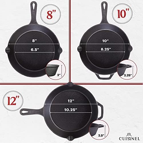 Cuisinel 12" + 10" + 8"-Inch Cast Iron Skillets Set with Braiser Lids + Silicone Handle Grips + Pan Scraper - Indoor/Outdoor Pre-Seasoned Kitchen Cookware - Oven, Fire, Stove Safe