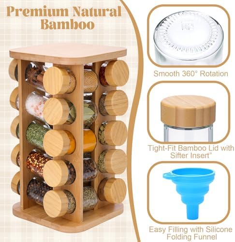 Sliner 20-jar Rotating Countertop Spice Rack Organizer with Bamboo